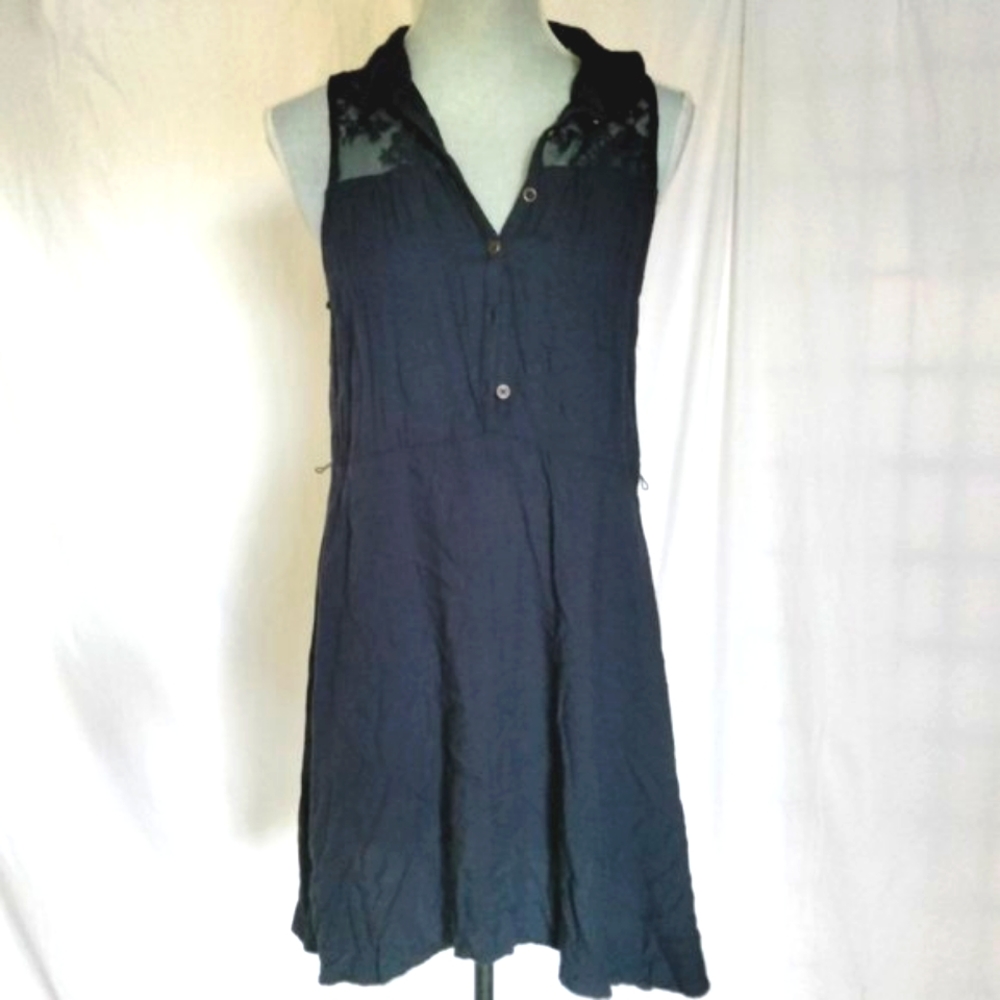 I Love H81 100% cotton Womens Navy Blue Sleeveless Lace Yoke Collared Dress L